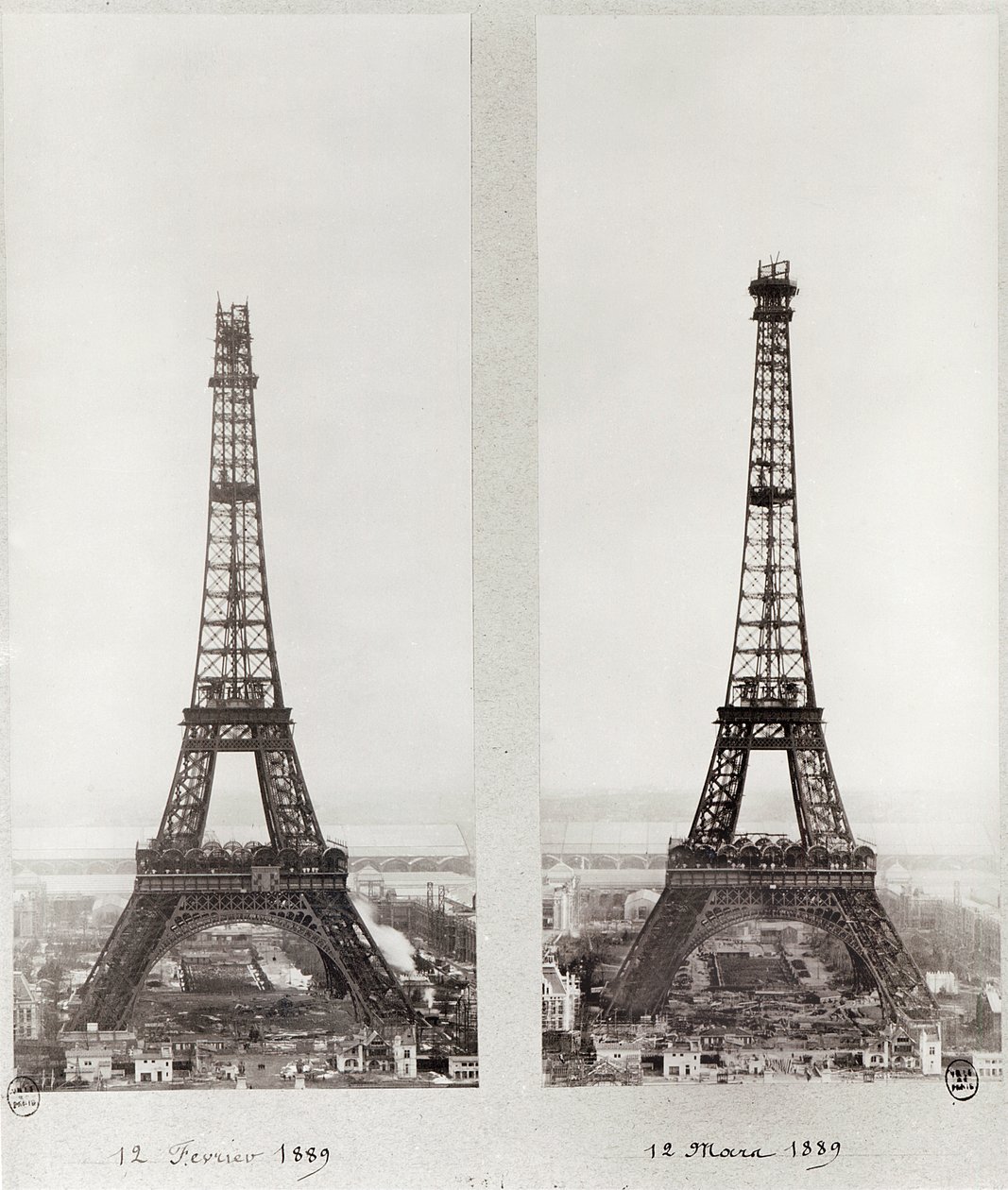 1889年2月12日と3月12日のパリ、エッフェル塔の建設の2つのビュー
